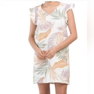 Tahari 100% Linen Flutter Ruffle Sleeve Mini Shift Dress, White Botanical Print.